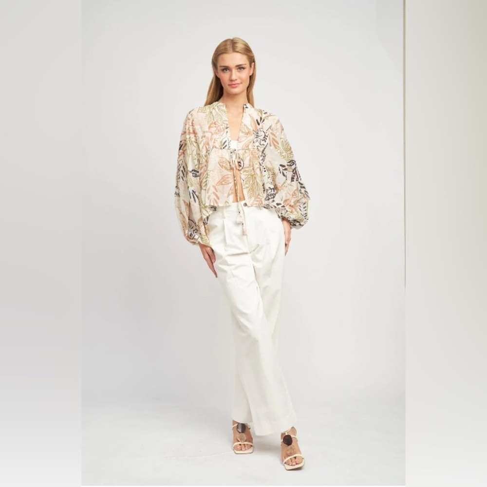 En Saison Nina Tropical Print Tie Closure Long Sleeve Blouse Top Small - Picture 4 of 12